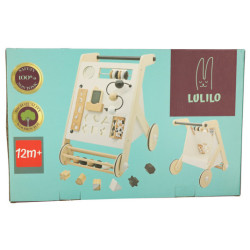 Drevené detské chodítko s interaktívnymi prvkami